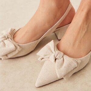 ASOS Design Pointed Toe Slingback Denim/Linen Bow Heels Size UK11/EU44/US13